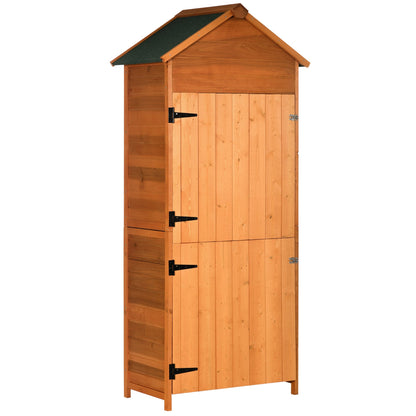 84 x 52cm Garden Shed 4-Tier Wooden Garden Outdoor Shed 3 Shelves Utility Gardener Cabinet Lockable Double Doors Tool Kit Storage - Teak