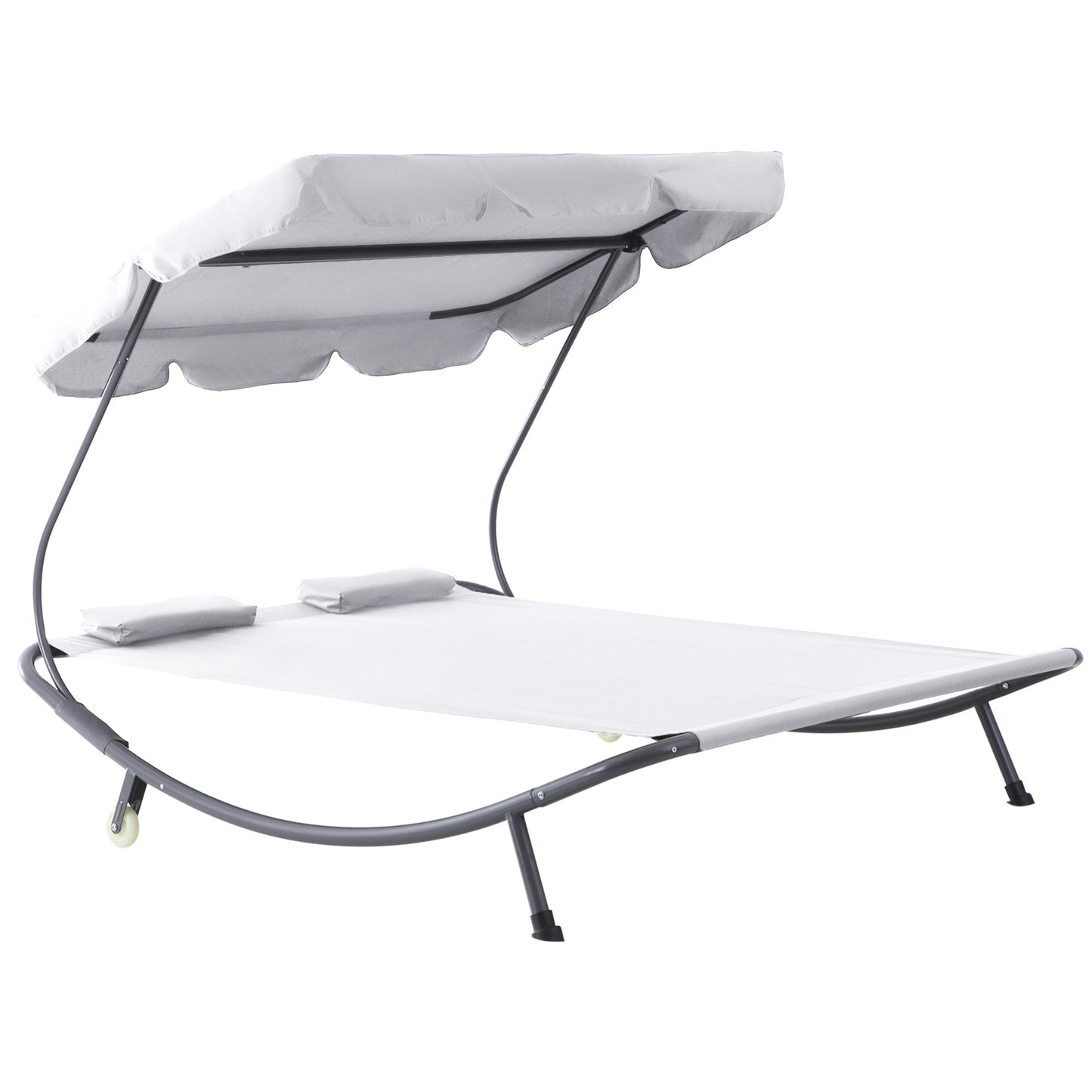 Outsunny Double Sun Lounger with Adjustable Detachable Canopy, Portable Garden Daybed for 2 with Wheels, Outdoor Sunbed Hammock with 2 Pillows, 220 KG Max. Load, White