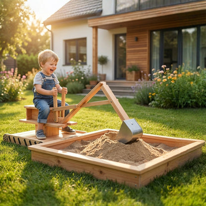 AIYAPLAY Wooden Sand Pit with Digger, Kids Sandbox Outdoor, SandPit with 360 degrees Swivel Seat and Bottom Liner
