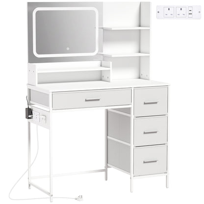 HOMCOM Dressing Table with 3-Colour LED Mirror, Power Outlet, Vanity Desk with 4 Drawers, 5 Shelves, Hair Dryer Holder