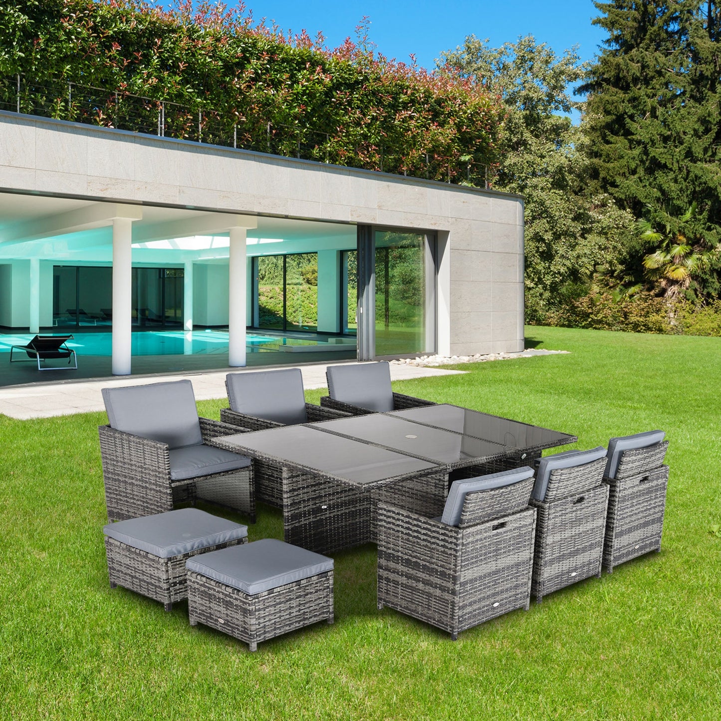 Outsunny 10 Seater Rattan Cube Garden Furniture Set with Parasol Hole, Rattan Dining Set with Cushions, Outdoor Dining Table and Chairs with Rectangular Glass Top Table for Patio, Mixed Grey