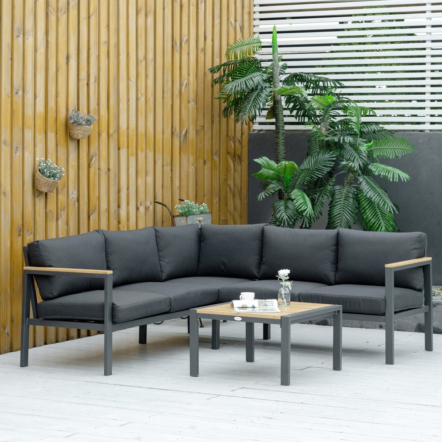 Outsunny 5 Seater L Shape Aluminium Garden Furniture Corner Sofa Set with Coffee Table, Outdoor Conversation Furniture Set with Padded Cushions, Dark Grey