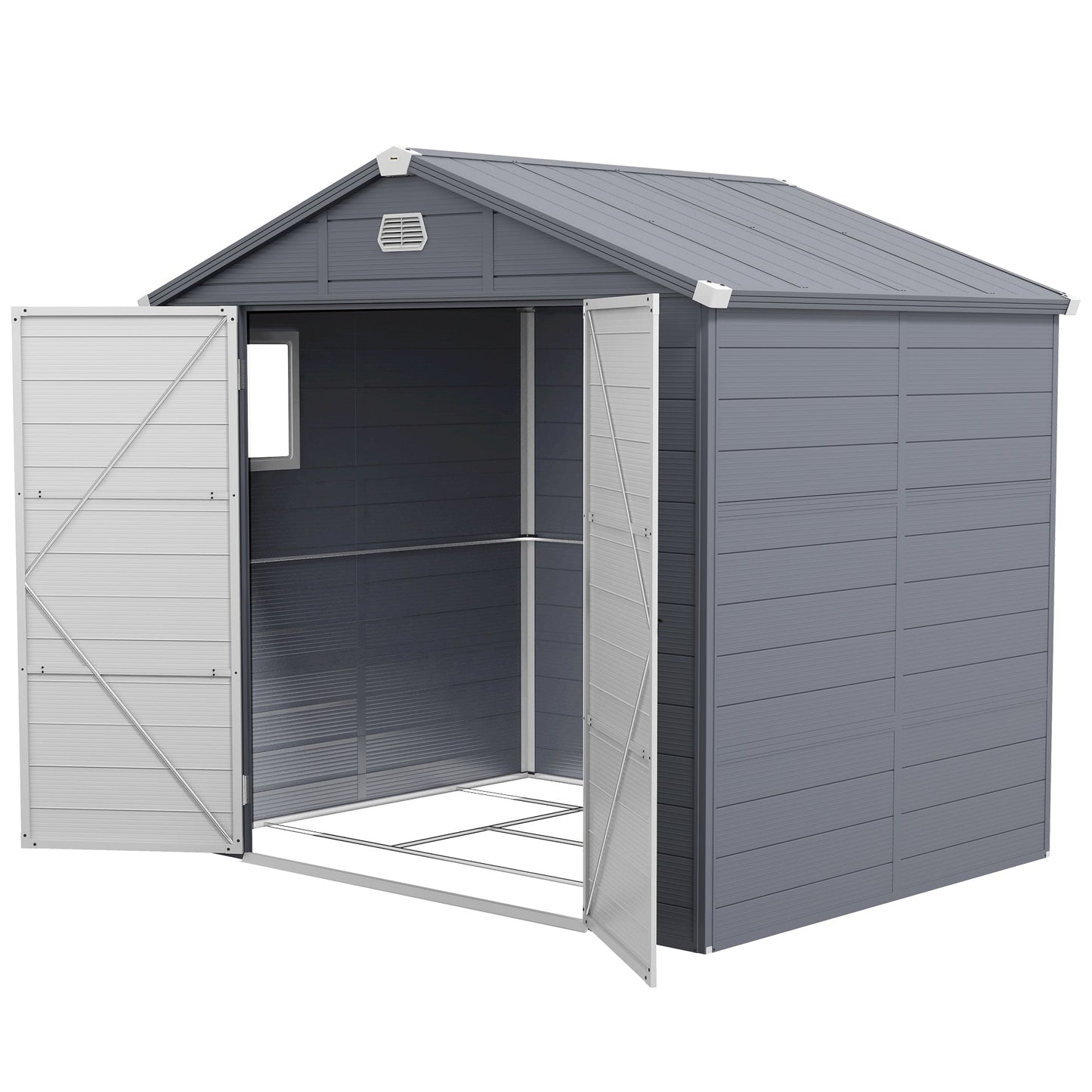 Outsunny 8 x 6ft Garden Shed with Foundation Kit, Polypropylene Outdoor Storage Tool House with Ventilation Slots and Lockable Door, Grey