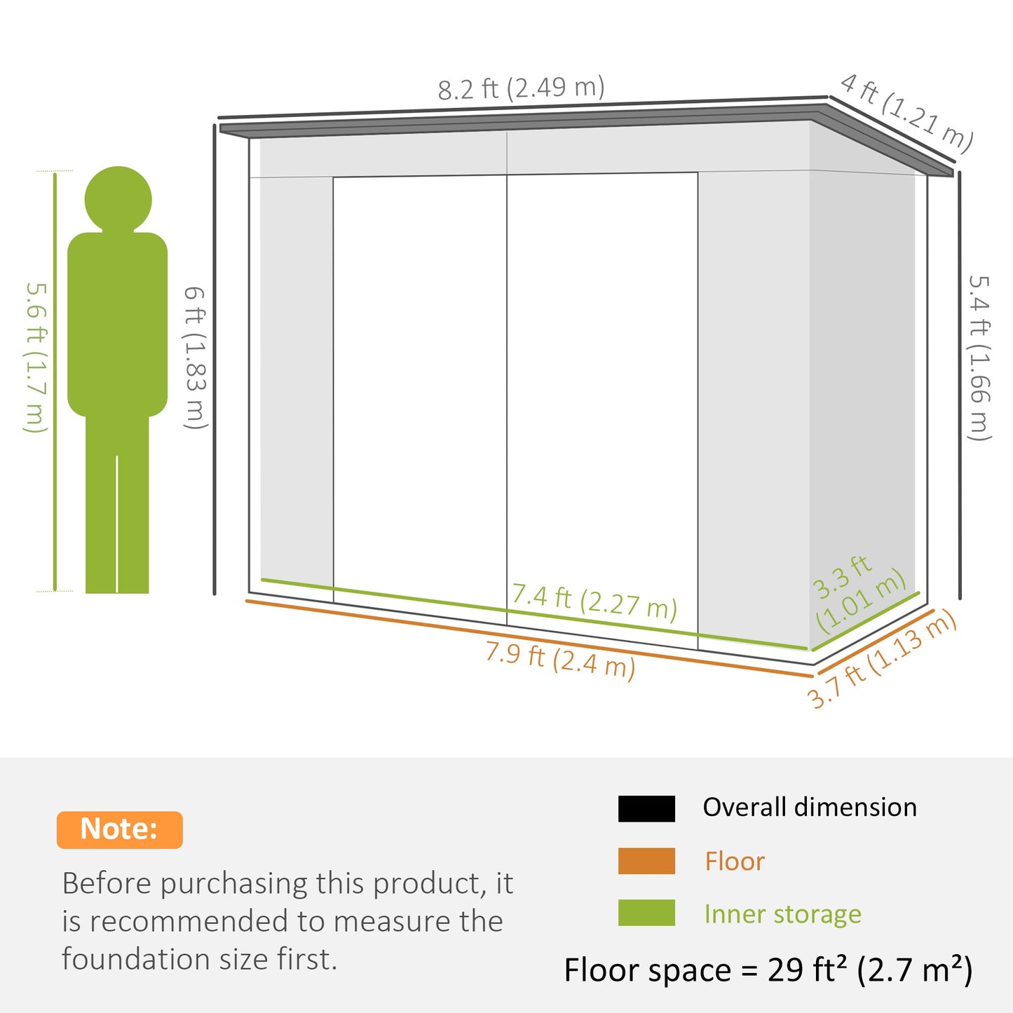 Outsunny 3.7 x 7.9ft Galvanised Steel Shed, with Latched Door and Padlock - Green