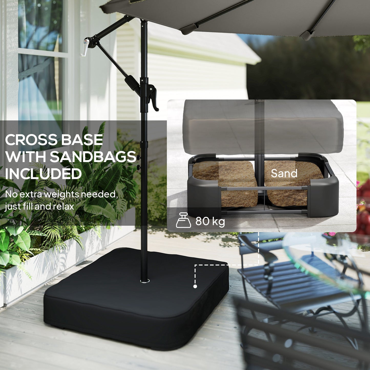 Outsunny 3 m Garden Cantilever Parasol with Cross Base, Sandbag, 360Â° Rotating Overhanging Banana Umbrella, Grey
