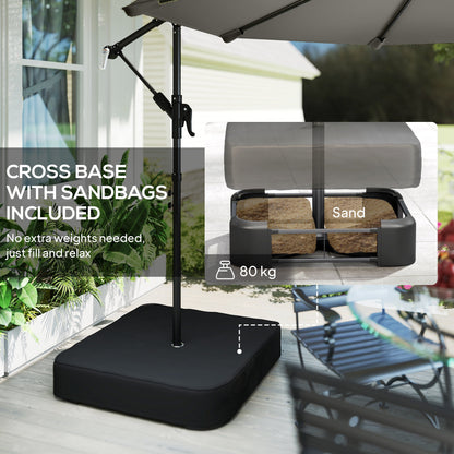 Outsunny 3 m Garden Cantilever Parasol with Cross Base, Sandbag, 360Â° Rotating Overhanging Banana Umbrella, Grey