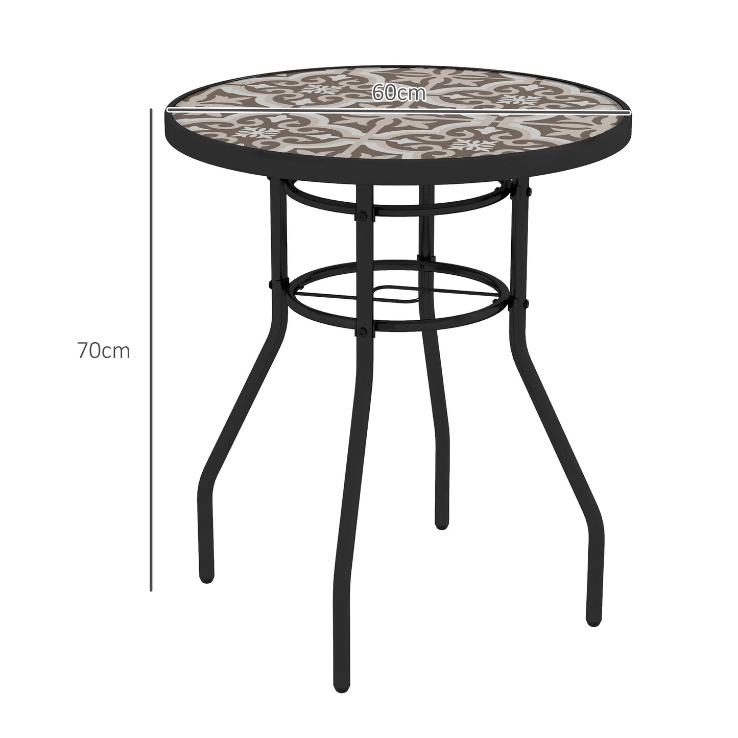 Outsunny Tempered Glass Top Garden Table with Glass Printed Design, Steel Frame, Foot Pads for Porch, Balcony, Tan Brown