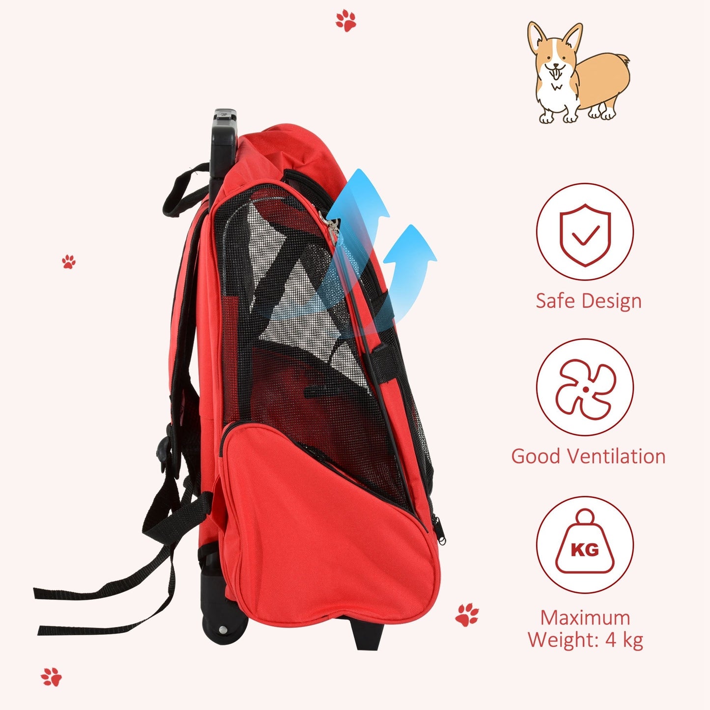 PawHut Dog Carrier Bag Travel Backpack Bag Cat Carrier Dog Bag w/ Trolley and Telescopic Handle, 42 x 25 x 55 cm, Red