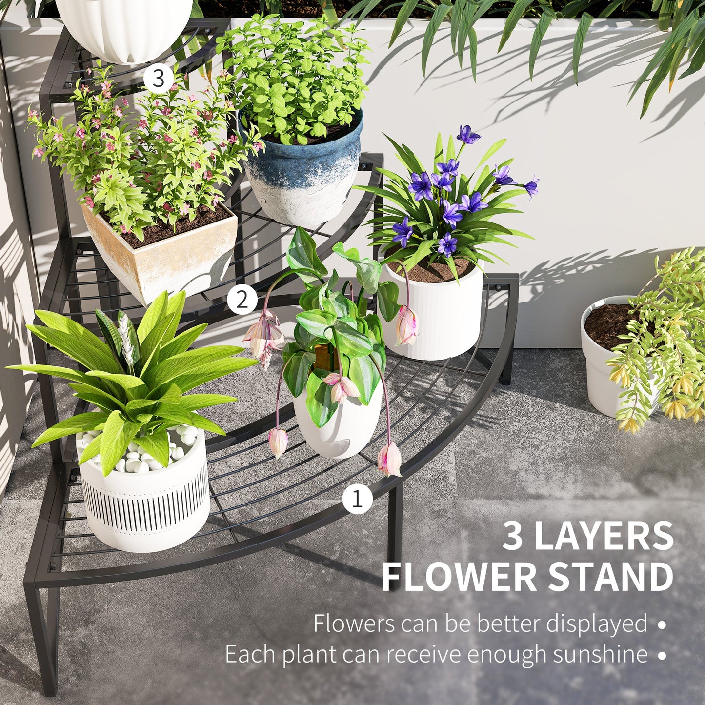 Outsunny Three-Tier Corner Metal Plants Shelves - Black