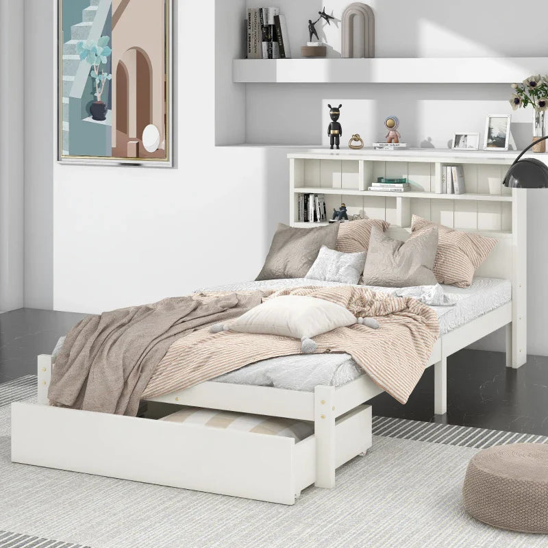 Single Wooden Storage Bed with Built-in Shelves and Underbed Drawer, PiBritish Style Waveood and MDF, for Adults, Kids, Teenagers, 208x100x93 cm, White