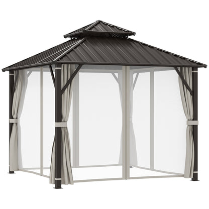 Outsunny 3 x 3(m) Hardtop Gazebo Canopy z podwójnym metalowym dachem, wodoodporny, stały pawilon ogrodowy z siatką i zasłonami, łatwy w montażu