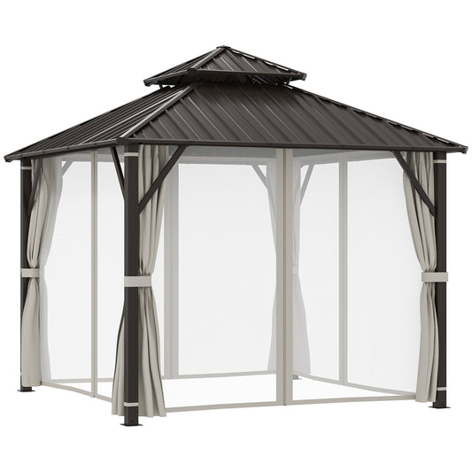 Outsunny 3 x 3(m) Hardtop Gazebo Canopy z podwójnym metalowym dachem, wodoodporny, stały pawilon ogrodowy z siatką i zasłonami, łatwy w montażu