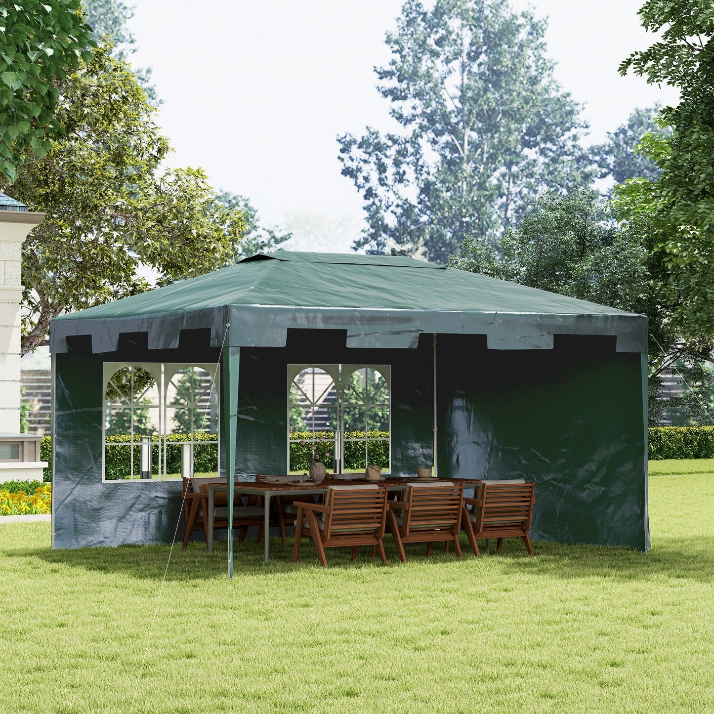 Outsunny 3 x 4 m Garden Gazebo Shelter Marquee Party Tent with 2 Sidewalls for Patio Yard Outdoor, Green