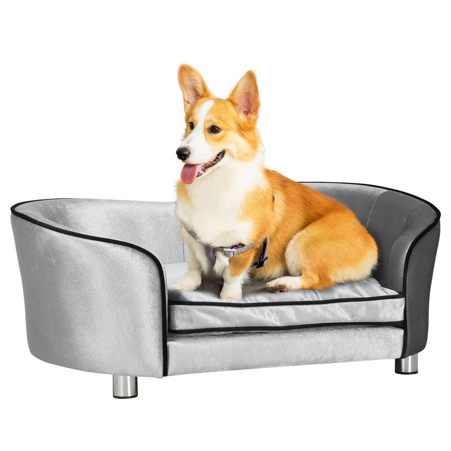 PawHut Dog Sofa Pet Chair, Kitten Bed Couch w/ Wooden Frame, Removable Cushion - Silver-Tone and Grey