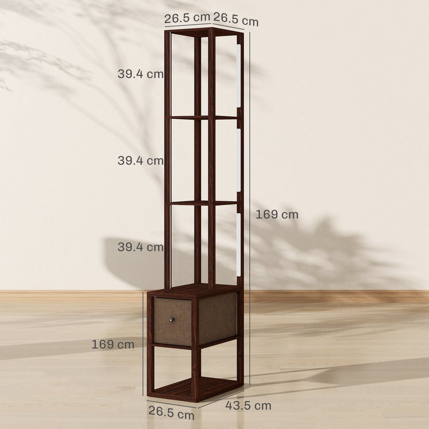 HOMCOM Floor Lamp with Shelves, LED Column Modern Standing Lamp with Fabric Drawer, Adjustable Brightness, Foot Switch for Living Room, Bedroom, Office, Dark Brown