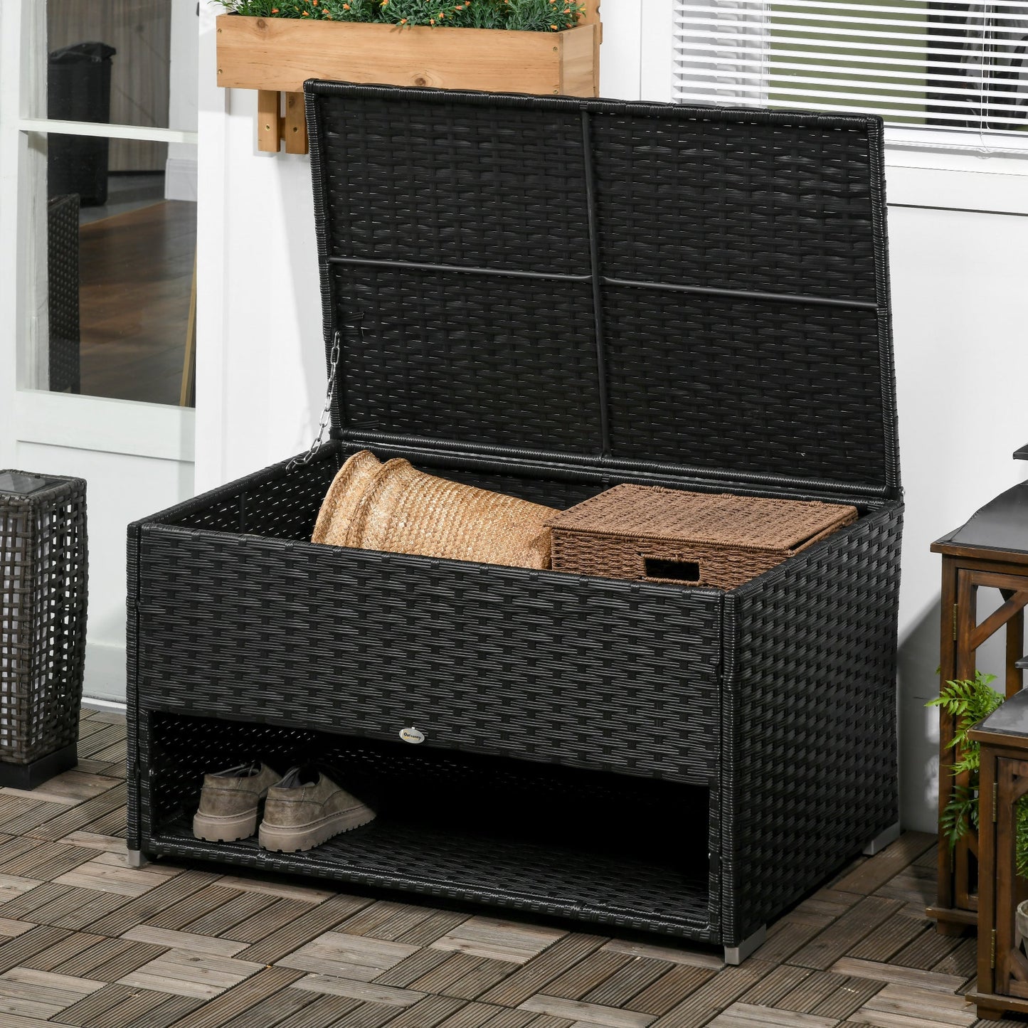 Outsunny Rattan Garden Storage Box, Outdoor PE Wicker Deck Doxes With Shoe Layer for Indoor, Outdoor, Spa, Black