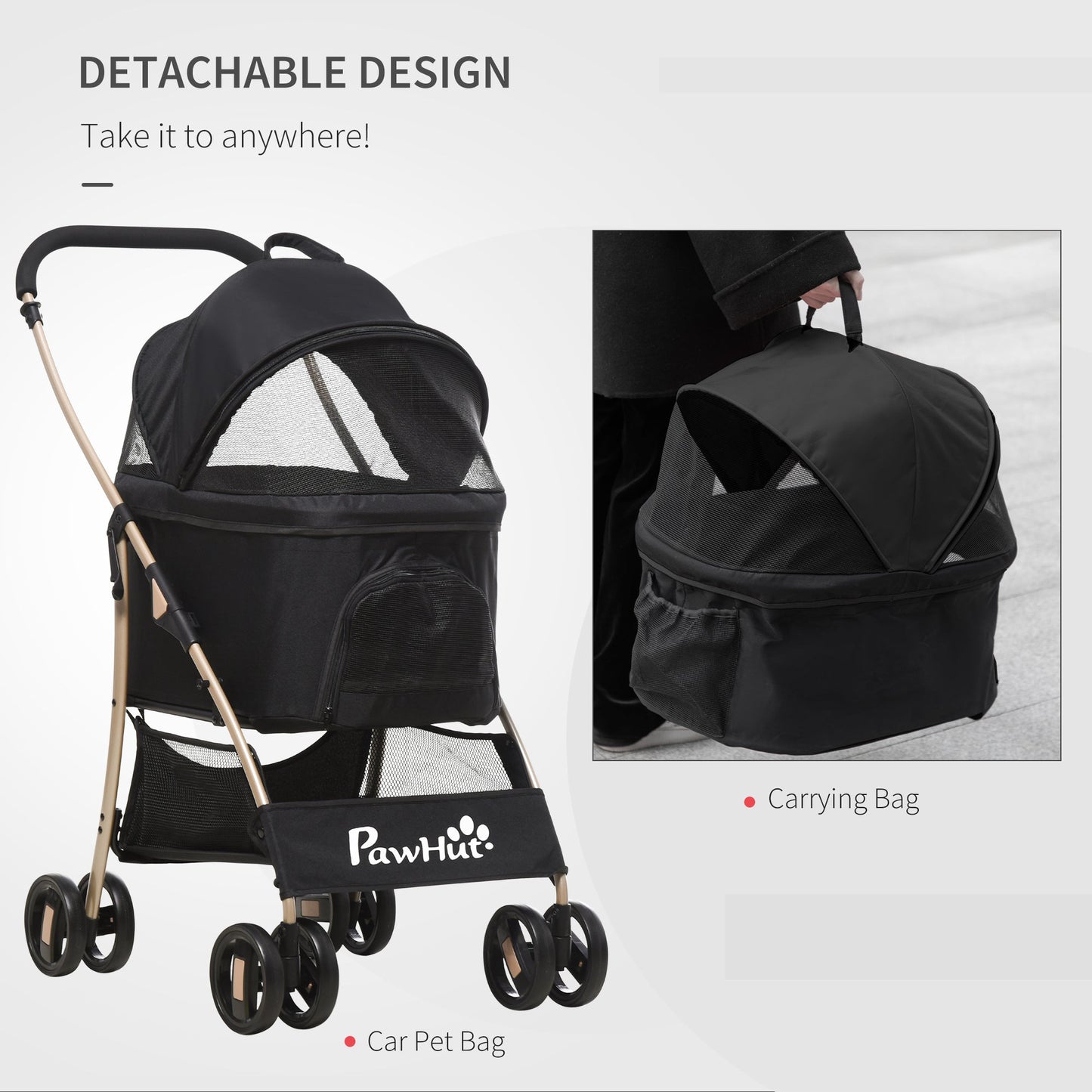 PawHut Detachable Pet Stroller, 3-In-1 Dog Cat Travel Carriage, Foldable Carrying Bag with Universal Wheel Brake Canopy Basket Storage Bag, Black