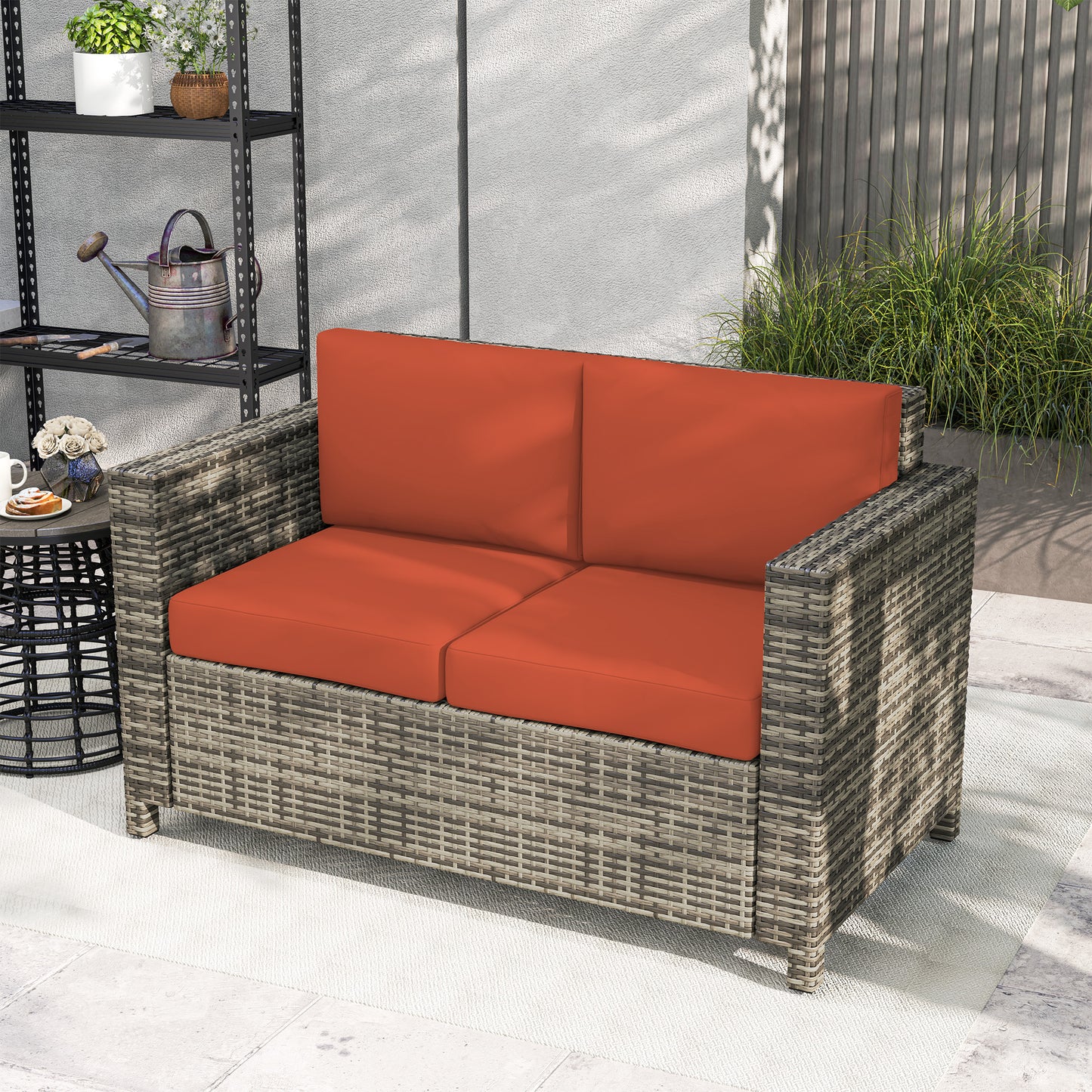 Outsunny 2-osobowe meble ogrodowe, sofa rattanowa z miękką wyściełaną poduszką i podłokietnikami, wiklinowa ogrodowa sofa dwuosobowa na patio, szara