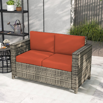 Sofa rattanowa Outsunny, 2-osobowa ogrodowa z miękką wyściółką i podłokietnikami, wiklinowa ogrodowa sofa dwuosobowa na patio, szara