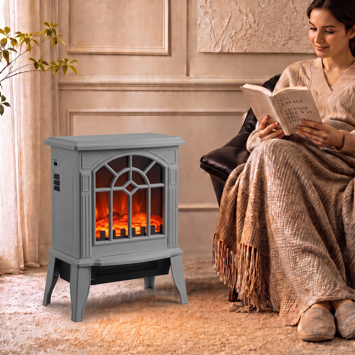 HOMCOM Freestanding Electric Fireplace, Electric Log Burner w/ LED Flame Effect, Overheating Safety System, 1000W/2000W, Grey