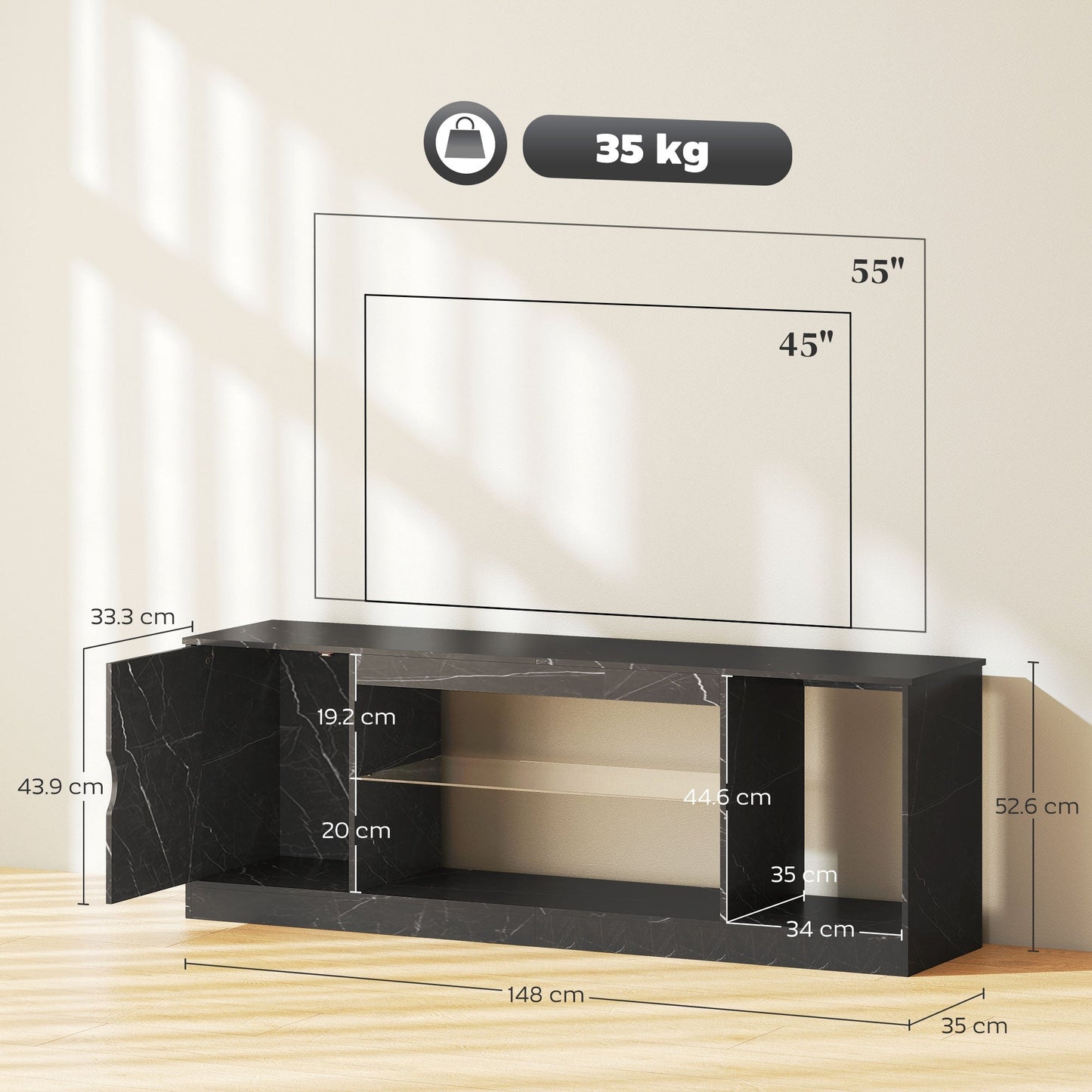 HOMCOM TV Stand Cabinet, Marble Effect TV Unit for up to 55" TVs with Glass Shelf and Storage Cabinet, Entertainment Unit for Living Room, Bedroom, Black