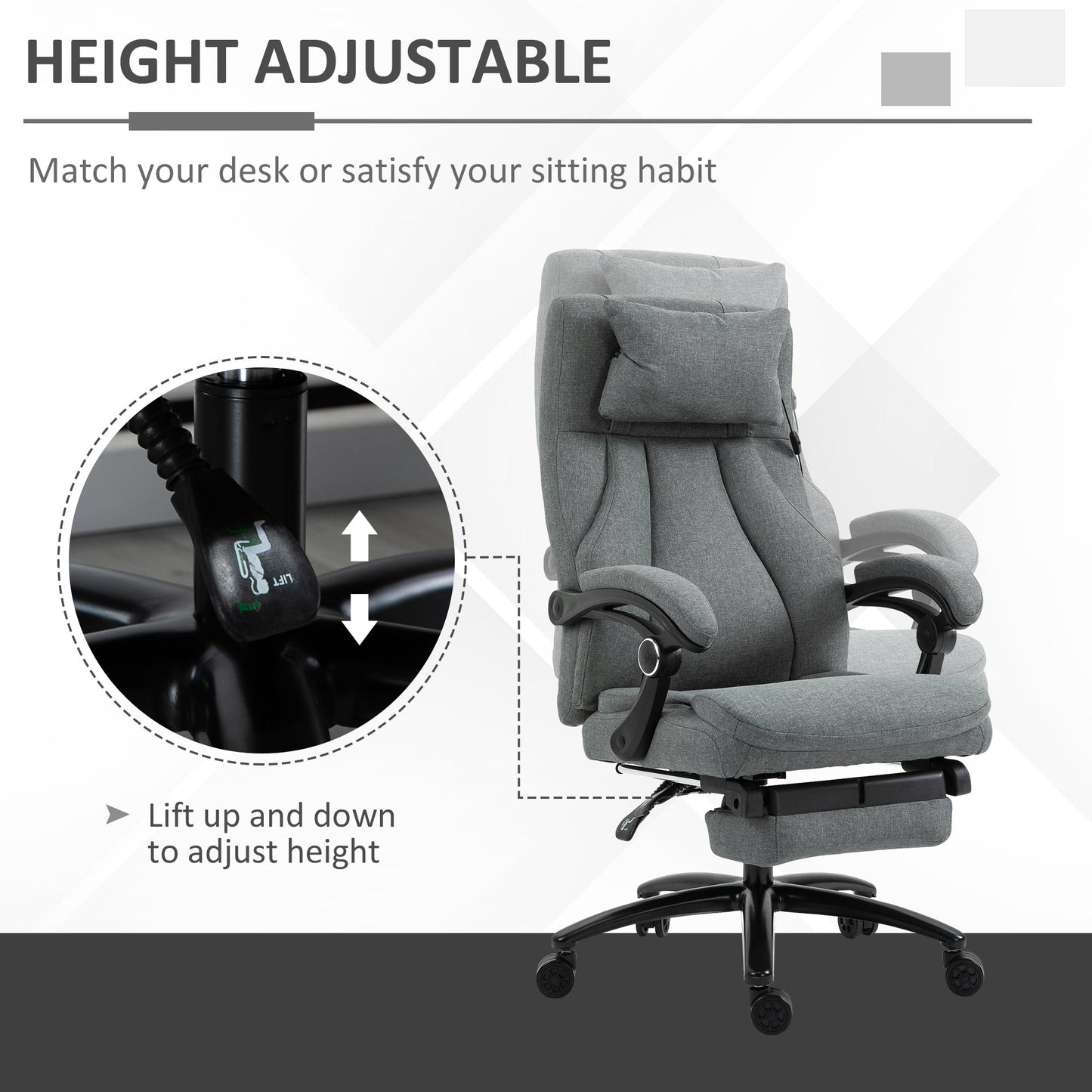 Vinsetto Office Chair, Fabric Desk Chair with Adjustable Massage Pillow, USB Power and Retractable Footrest, High Back, 360 Swivel, for Home, Grey