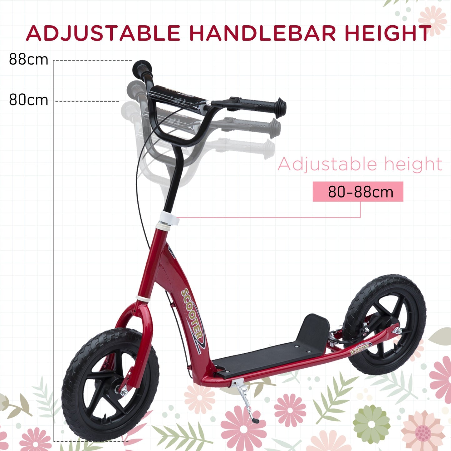HOMCOM Kids Scooter Kick Scooter, with 12" EVA Tyres, Rear Brake, Big Wheels Scooter for 5-12 Years , Red