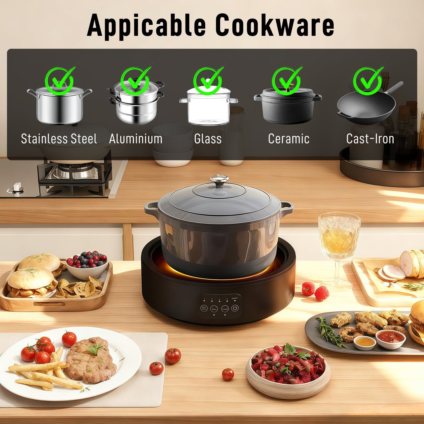 HOMCOM Electric Ceramic Hob with Grill Plate, Multifunctional 36cm Plug in Electric Hob with 4 Heat Levels for All Type Pot