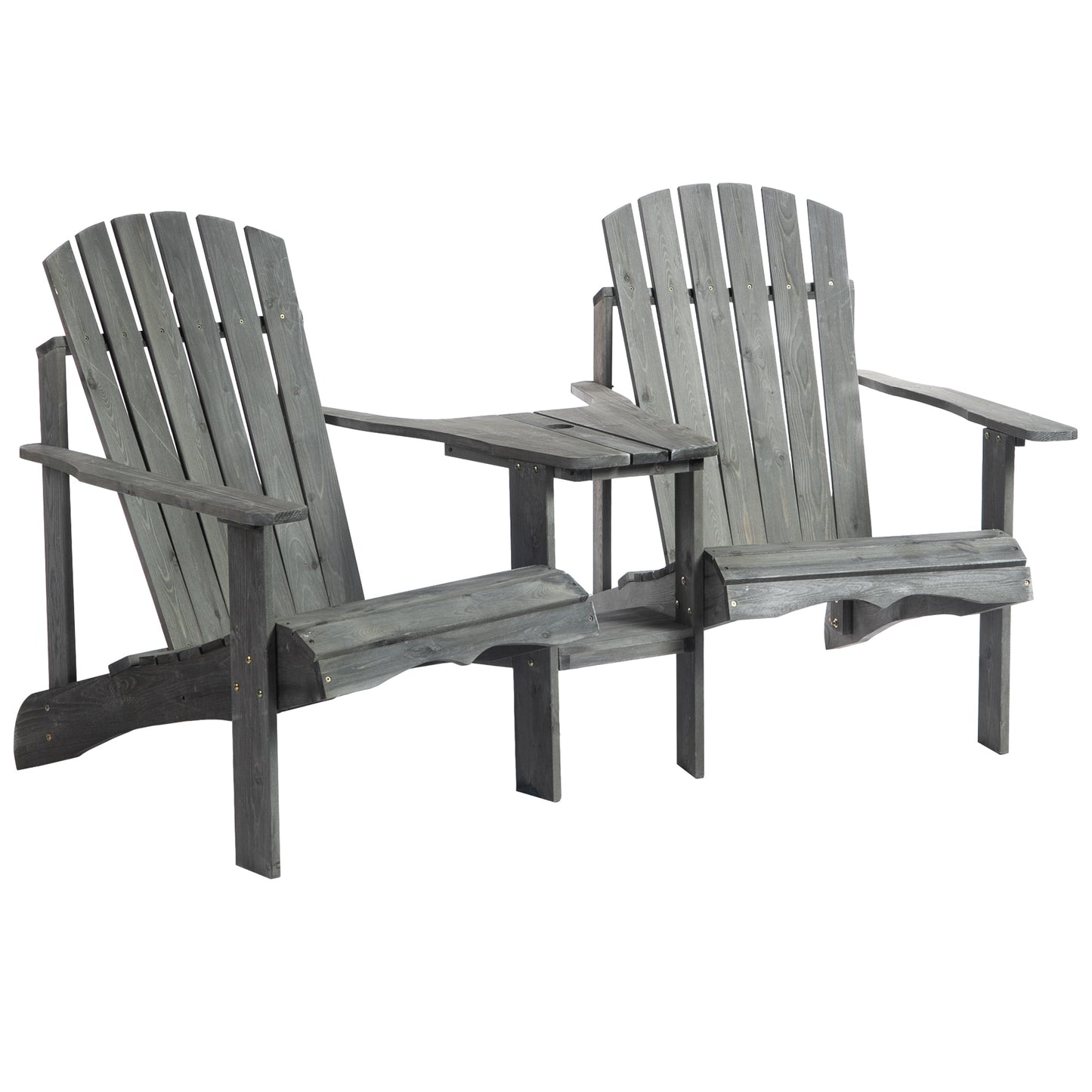 Drewniana sofa ogrodowa Outsunny Double Adirondack Chairs z podwójnymi krzesłami, stolikiem centralnym i otworem na parasol, meble ogrodowe do wypoczynku i relaksu, kolor szary