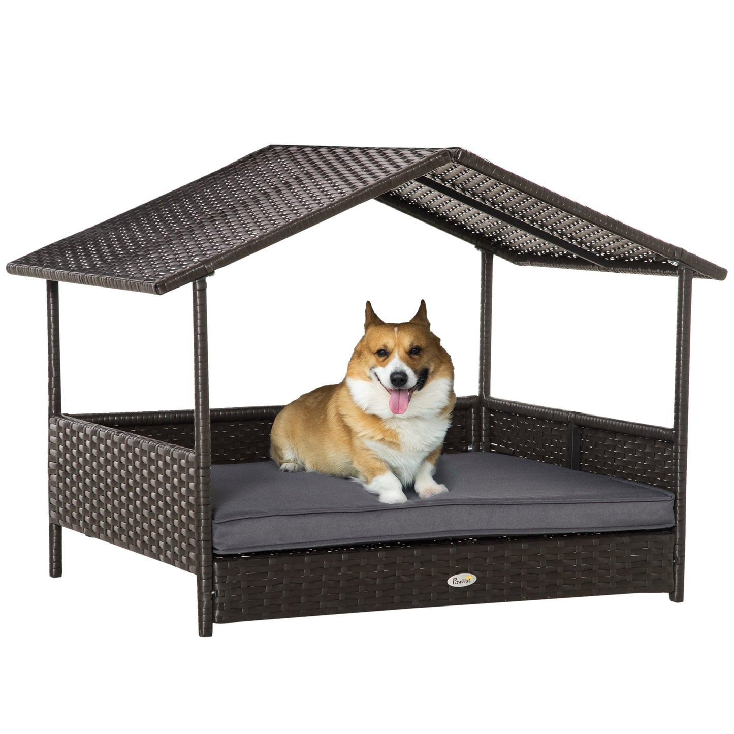 PawHut Wicker Dog Bed, Elevated Rattan Dog House with Removable Cushion and Canopy, for Small and Medium Dogs, 98 x 69 x 70cm - Grey