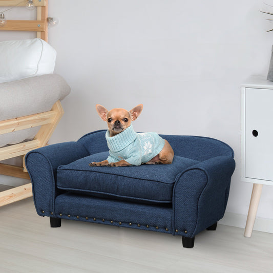 PawHut Dog Sofa for Small Dogs, Pet Chair Couch with Thick Sponge Padded Cushion, Kitten Lounge Bed with Washable Cover, Wooden Frame - Blue