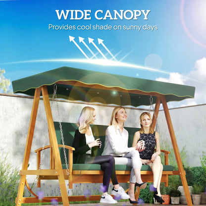 Outsunny 3 Seater 2-in-1 Wooden Garden Swing Seat Swing Chair, Outdoor Convertible Hammock Bench w/cushion, Furniture Lounger Bed, Dark Green