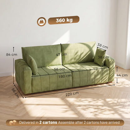 HOMCOM 3 Seater Sofa, Upholstered Velvet Couch for Bedroom with Pillows, Padded Cushion and Wood Legs, Green