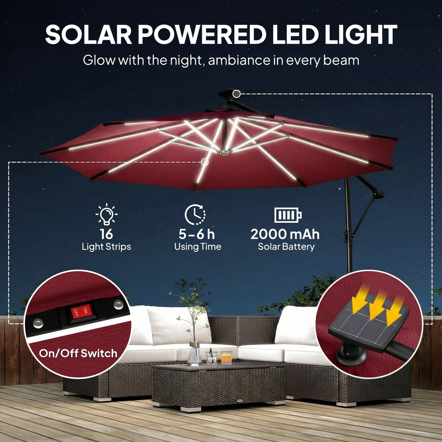 Outsunny 3 m Garden Cantilever Parasol with LED Solar Light, Round Overhanging Umbrella with 360 degrees Rotation, Cover, Wine Red