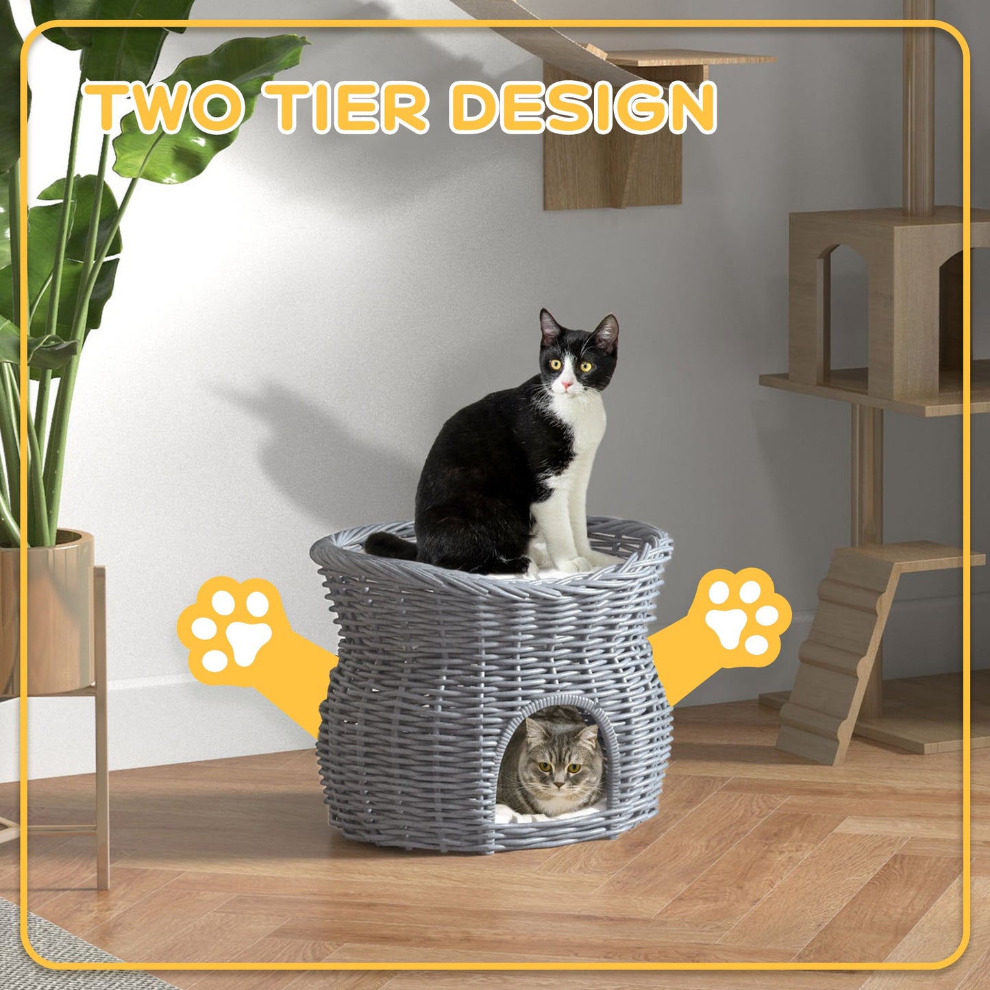 PawHut 2-Tier Wicker Cat House Elevated Pet Bed Basket Willow Kitten Tower Pet Den. Cozy Cave with Washable Cushions 56x37x40cm Grey