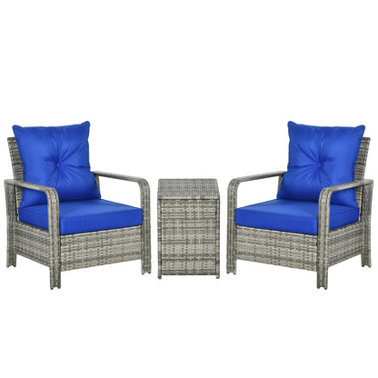 Outsunny 3 Pieces Rattan Bistro Set, Wicker Garden Furniture Set with Storage Coffee Table and Chairs, Thickened Cushions for Outdoor, Patio, Balcony, Blue