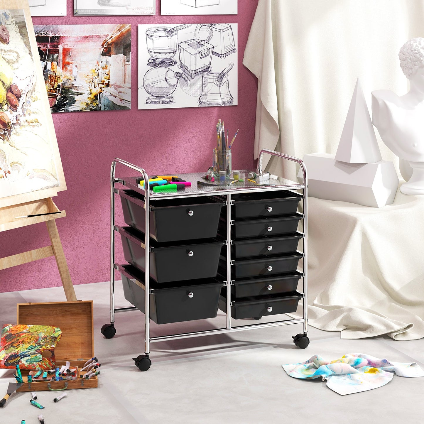9-Drawer Rolling Storage Cart Tools Scrapbook Paper Organizer-Black