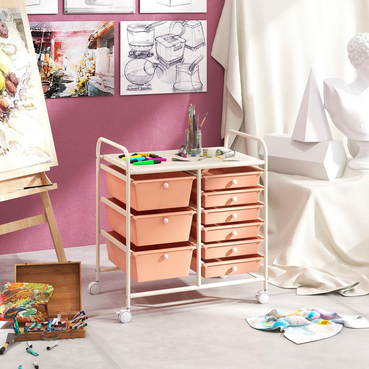 9-Drawer Rolling Storage Cart Tools Scrapbook Paper Organizer-Pink