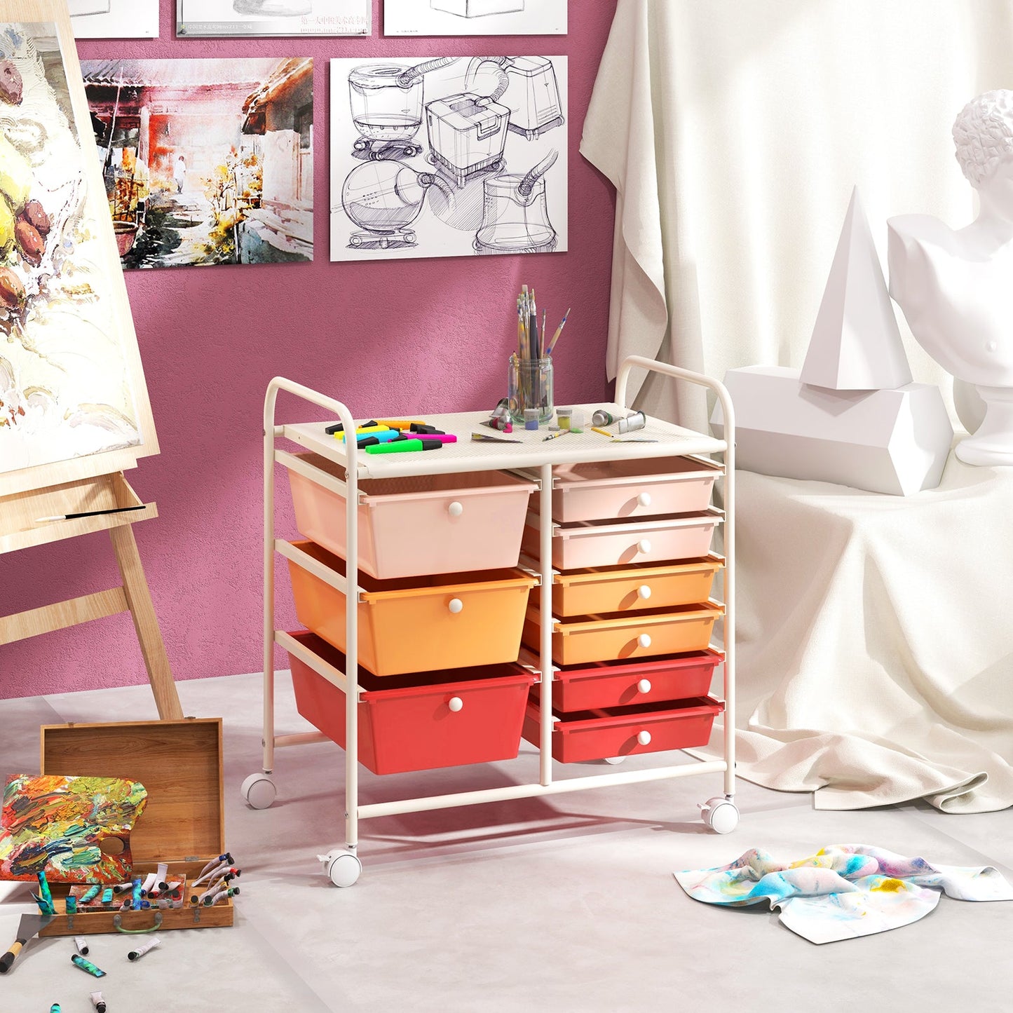 9-Drawer Rolling Storage Cart Tools Scrapbook Paper Organizer-Red