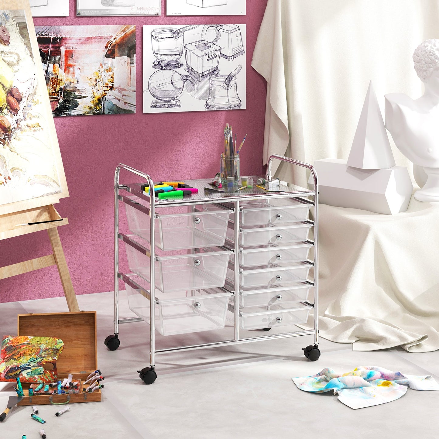 9-Drawer Rolling Storage Cart Tools Scrapbook Paper Organizer-Transparent