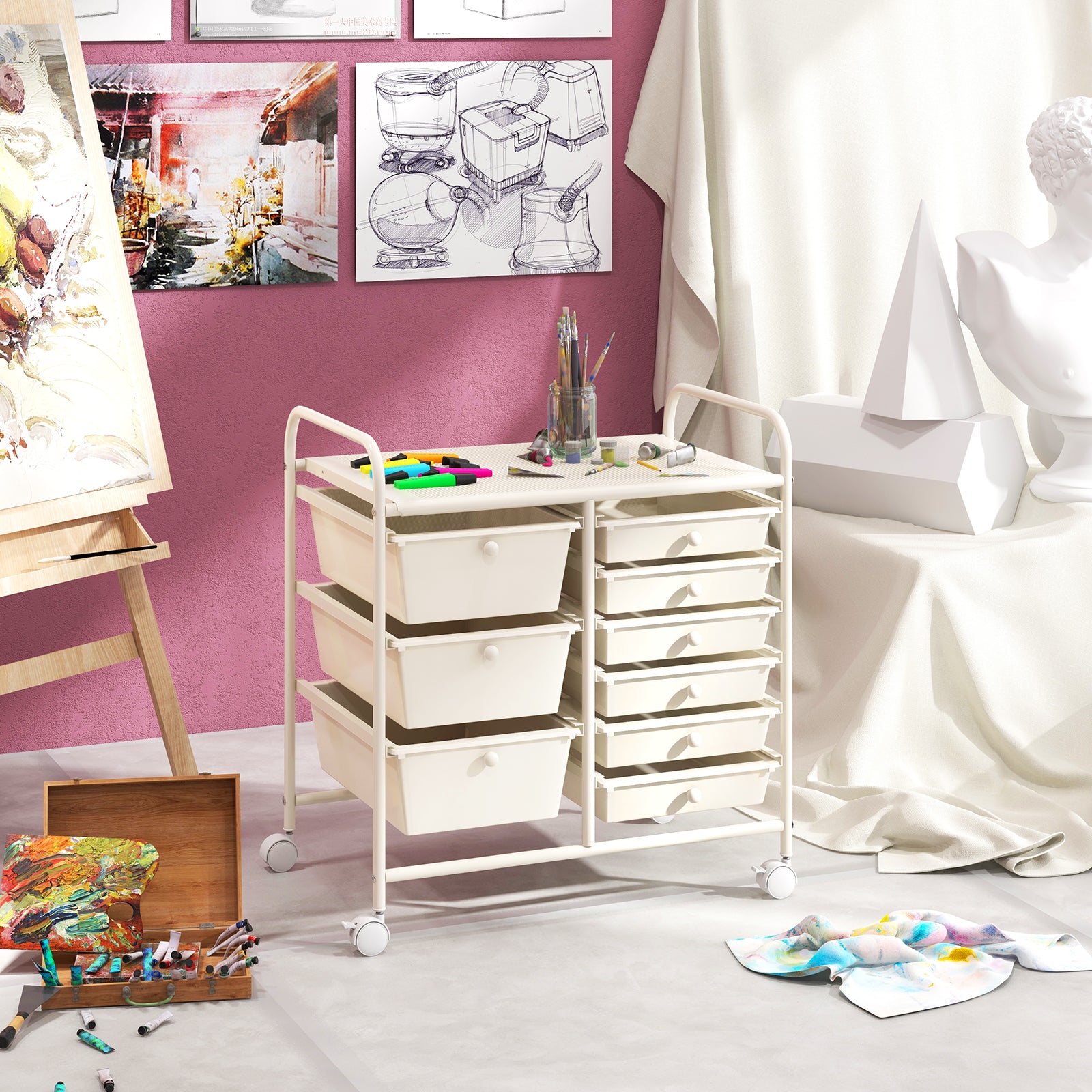 9-Drawer Rolling Storage Cart Tools Scrapbook Paper Organizer-White