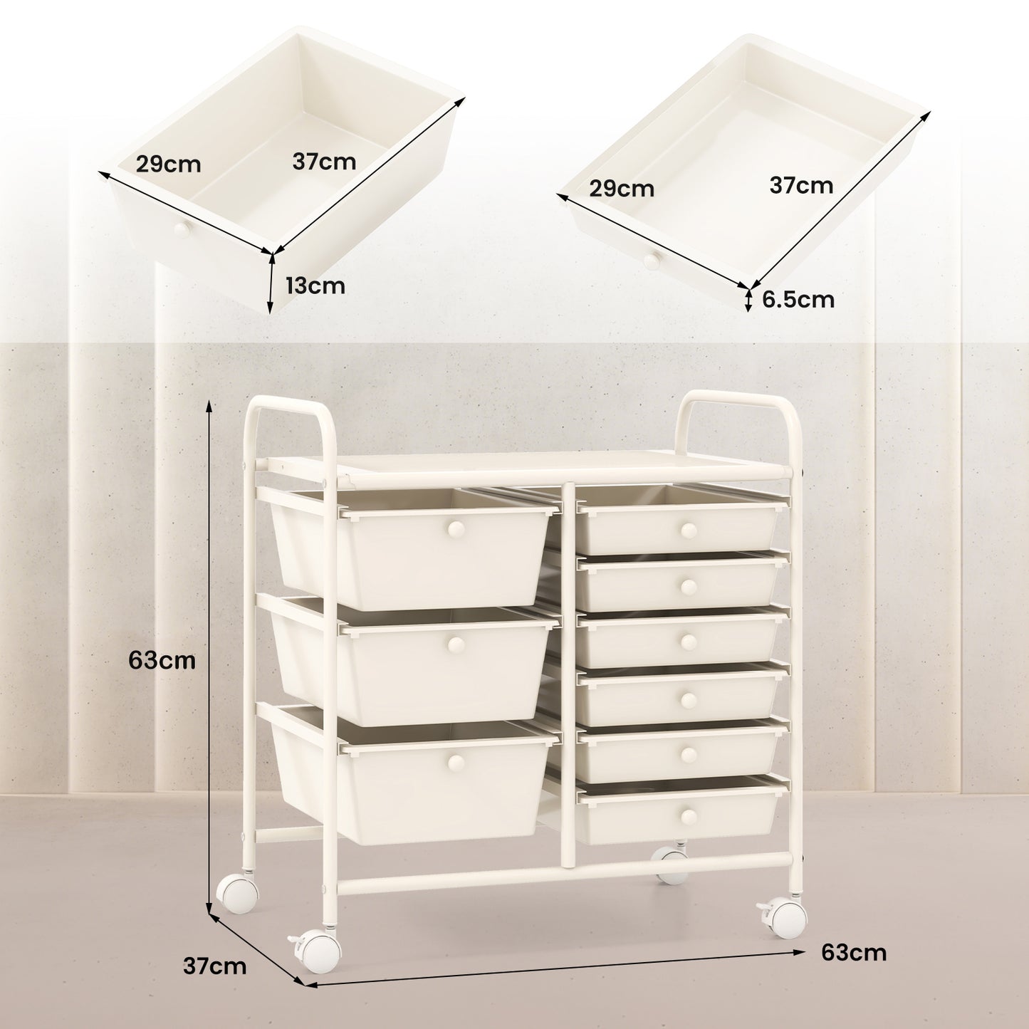 9-Drawer Rolling Storage Cart Tools Scrapbook Paper Organizer-White