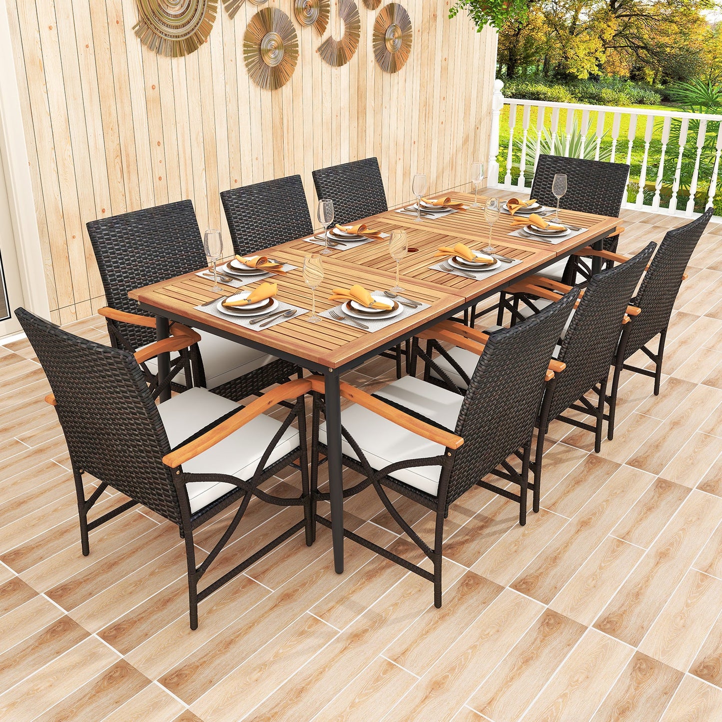 9-Piece Patio Dining Set with Acacia Wood Table and 8 Rattan-woven Chairs