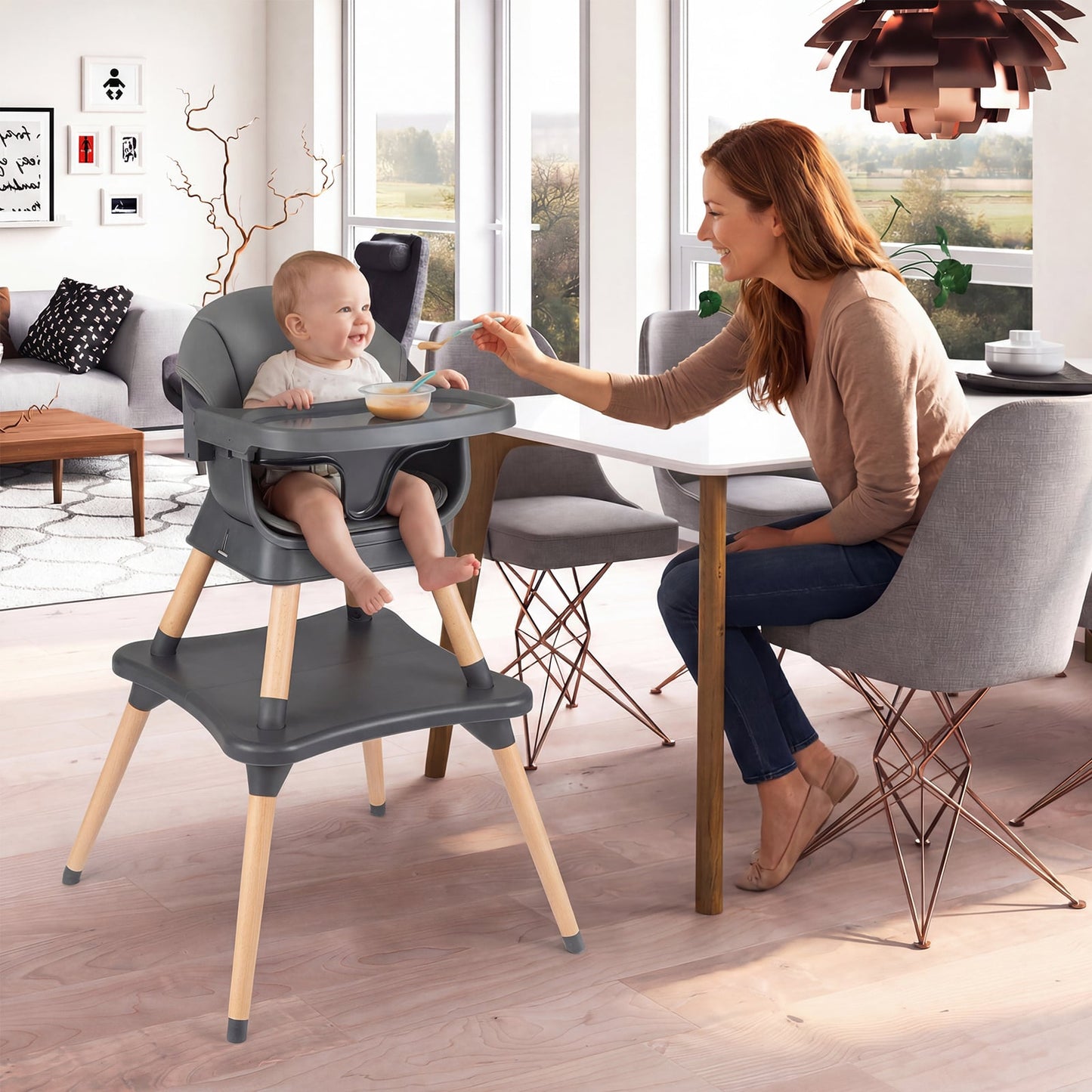 9-in-1 Convertible High Chair with Solid Wood Legs and Harness for Babies-Black