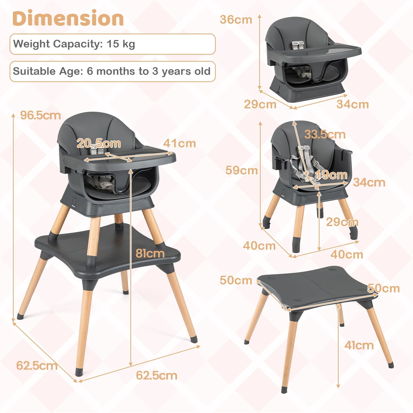 9-in-1 Convertible High Chair with Solid Wood Legs and Harness for Babies-Black