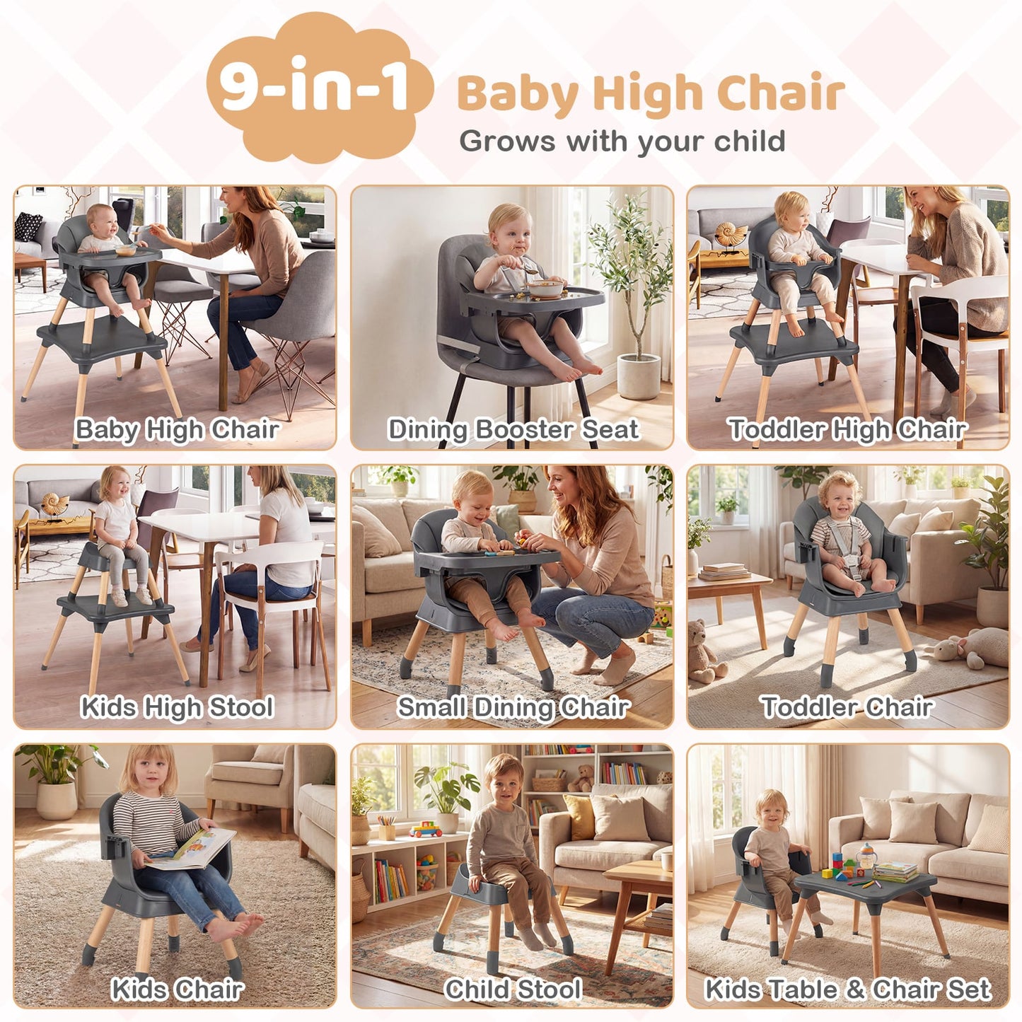 9-in-1 Convertible High Chair with Solid Wood Legs and Harness for Babies-Black