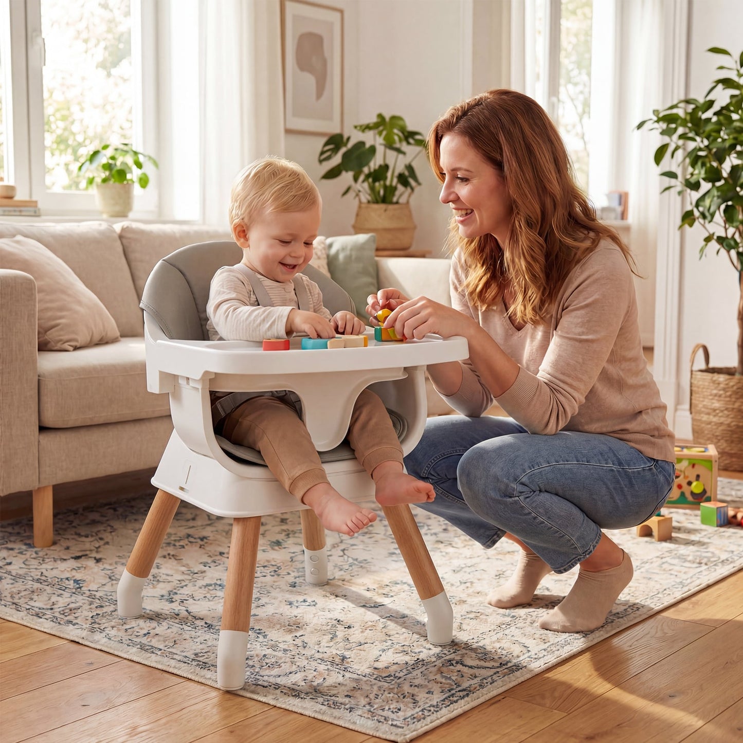 9-in-1 Convertible High Chair with Solid Wood Legs and Harness for Babies-Grey