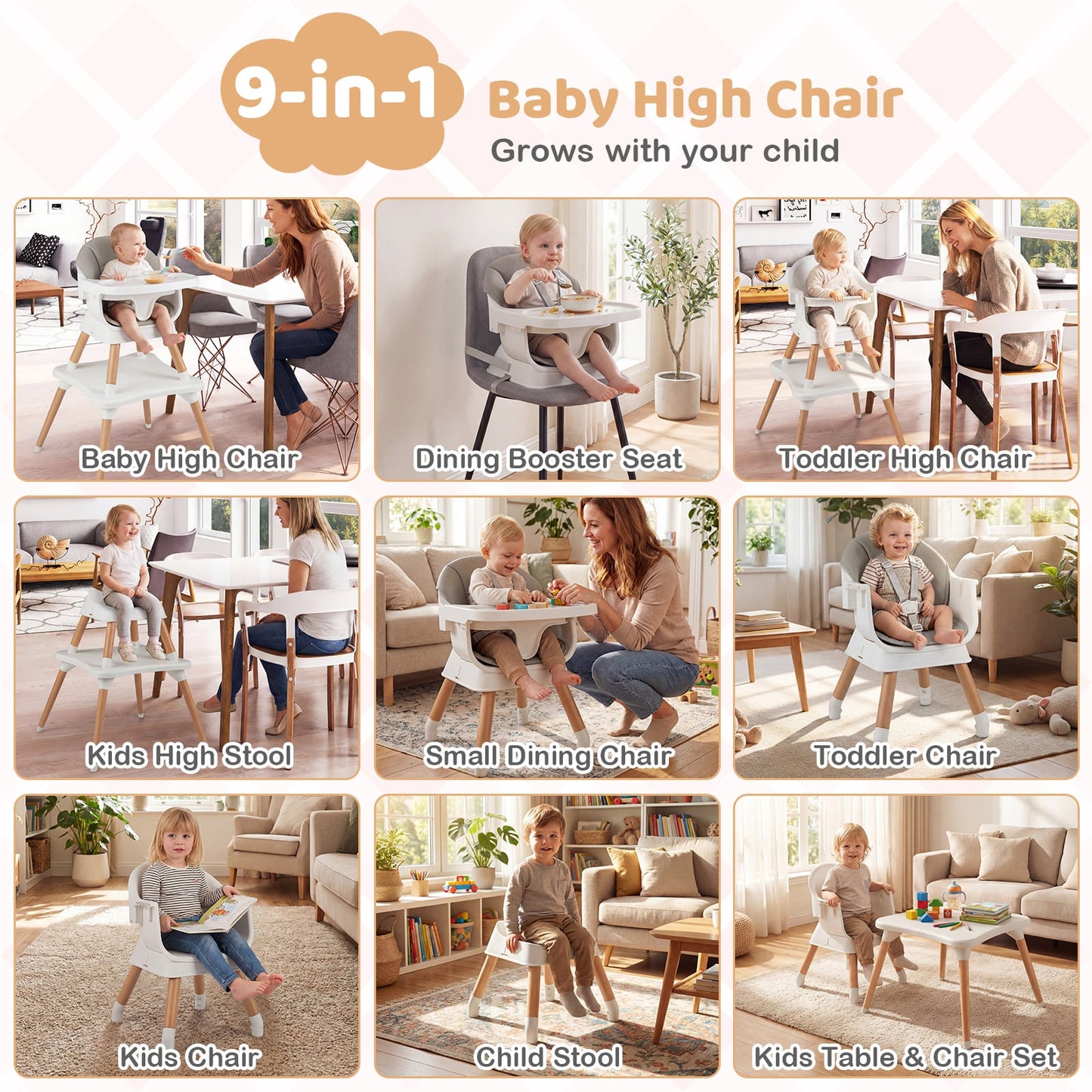 9-in-1 Convertible High Chair with Solid Wood Legs and Harness for Babies-Grey