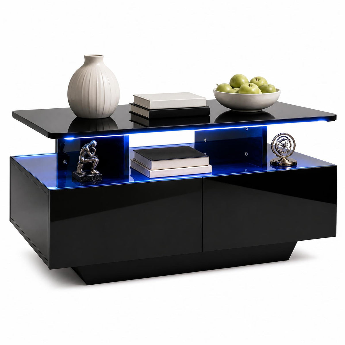 90 CM High LED Coffee Table with 2 Storage Drawers and 20-Color LED Lights-Black
