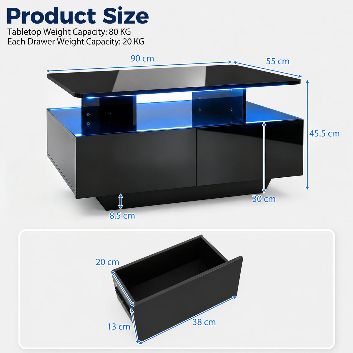 90 CM High LED Coffee Table with 2 Storage Drawers and 20-Color LED Lights-Black